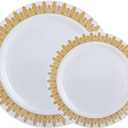 WDF 60PCS Heavyweight White with Gold Rim Wedding Party Plastic Plates,Dinnerware Sets.30-10.25inch Dinner Plates and 30-7.5inch Salad Plates (White/Gold Forest)
