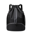 Black Drawstring Gym Bag for Men, Waterproof Drawstring Backpack for Women, Swim Bag with Shoes Compartment, Pull String Sport Bag for Soccer and Basketball.