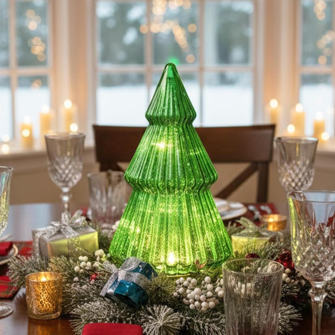 Glass Christmas Tree Light with Timer, Battery Operated Green Lit Xmas Tree Figurine, Lighted Mercury Glass Decor Cordless Cone Crystal Figurine Tabletop Lamp, Light Up rbol de Navidad with Lights
