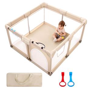 Joypony Baby Playpen, 50x50 in Small Play Pen for Babies and Toddlers, Playpen for Kids with Gate, Indoors Play Yard with Soft Breathable Mesh (Beige)