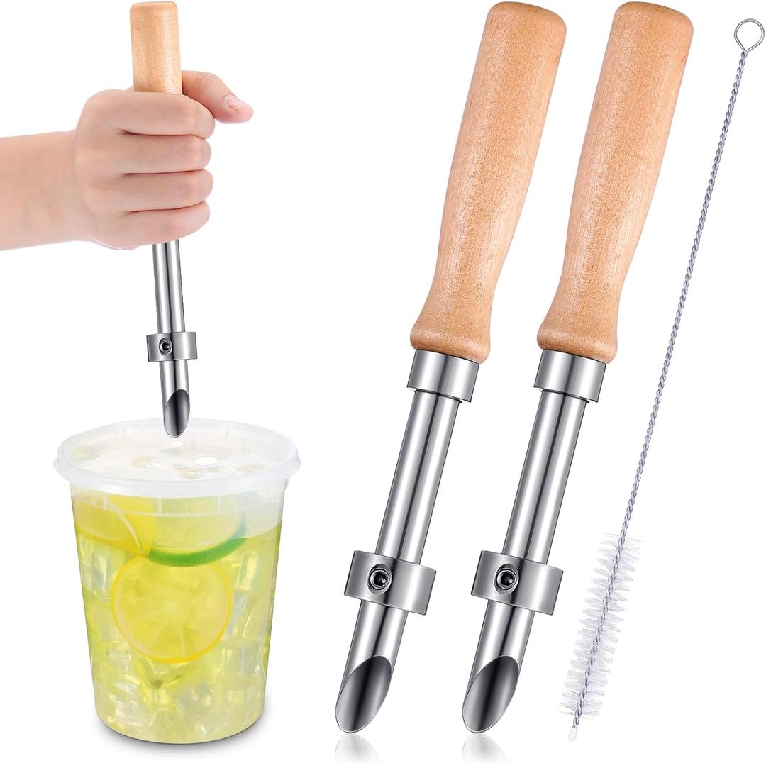 Lasnten 2 Pack Straw Puncher for Plastic Lids Lemonade Cup Stainless Steel Straw Hole Puncher with Wooden Handle Punching Tools for Lemonade Stand Supplies
