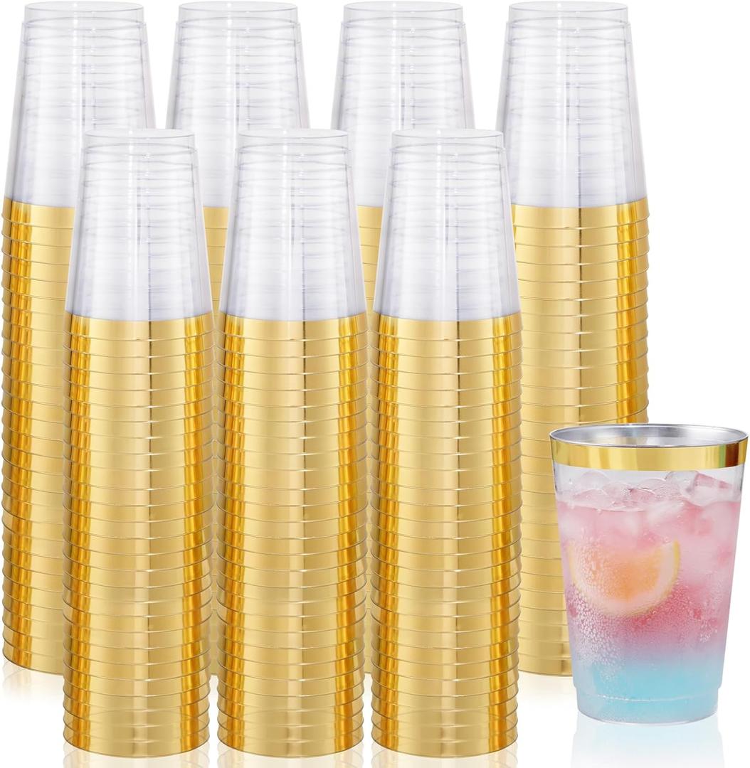 supernal 200pcs Gold Plastic Cups,Hard Plastic 10oz Party Cups,Disposable Cups for Picnics, Barbecues, Camping Trips, and Beach Parties,Weddings