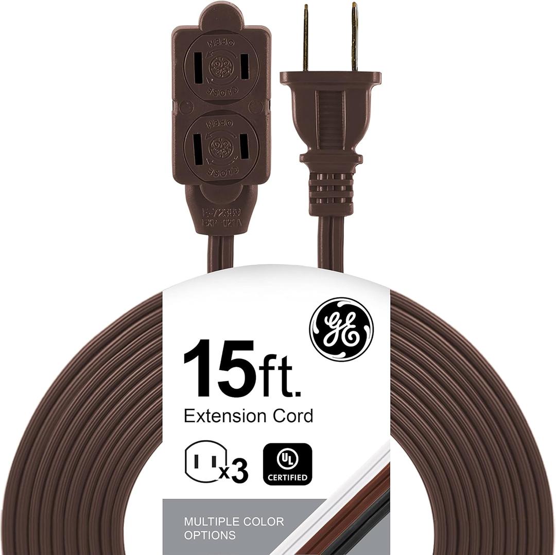 GE 3-Outlet Extension Cord with Multiple Outlets 15 Ft Power Strip 2 Prong 16 Gauge Twist-to-Close Safety Covers Outdoor Extender UL Listed Brown 51957