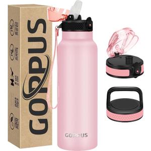 GOPPUS 24 oz Insulated Water Bottle With Straw Stainless Steel Sports Water Cup Flask with 3 Lids (Straw, Spout and Handle Lid) Wide Mouth Metal Water bottles for Men Women (Pink)