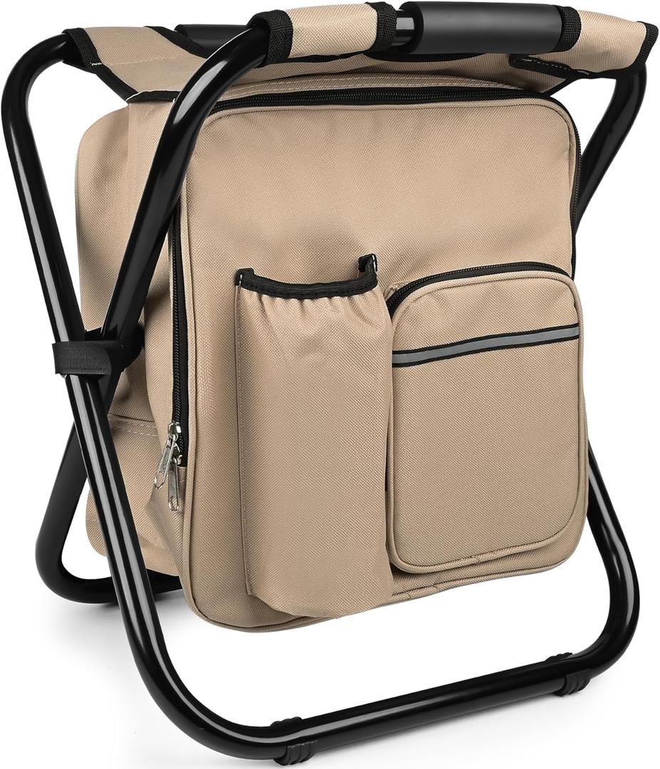 Kikerike Backpack Stool Cooler Chair Heavy Duty 300 LBS Max Load Portable Lightweight Stool Backpack Folding Fishing Cooler Seat for Camping Hunting Fishing - Sand