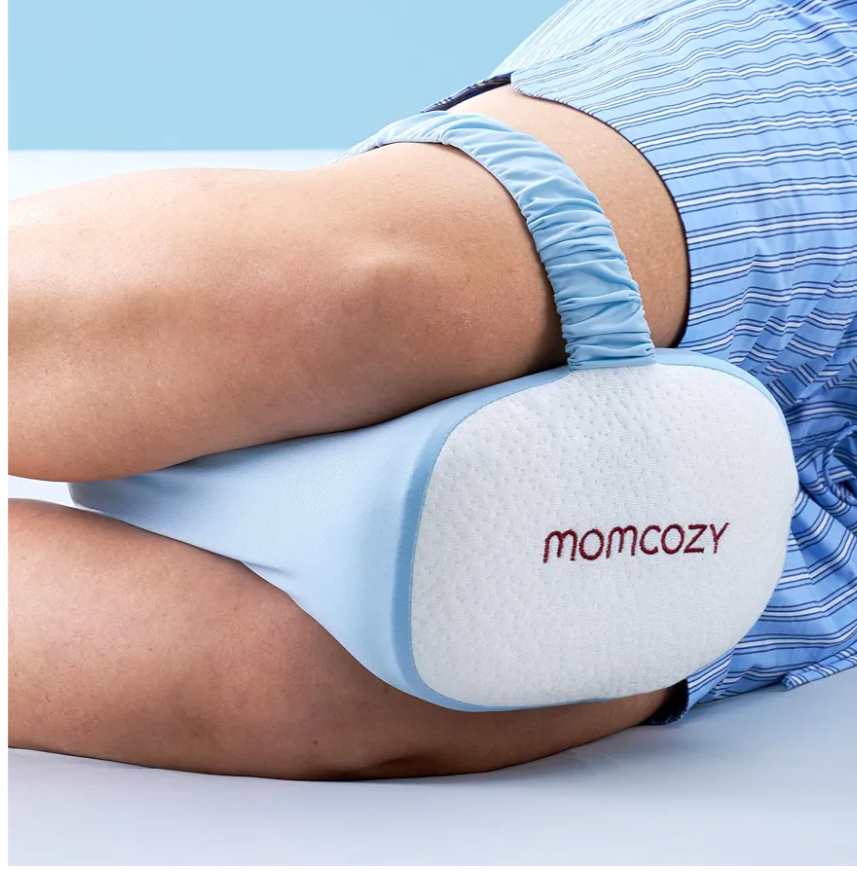 Momcozy Knee Pillow for Side Sleepers with Cooling Cover, Soft Memory Foam Spine Alignment Pregnancy Leg Pillow for Hips, Back, Sciatica Pain, Fixed Strap for Moving, Wider Contact Even Pressure, Blue