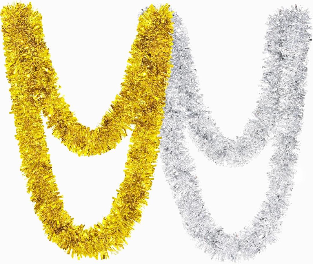 BLEUM CADE 2Pcs 65.6Ft Silver and Gold Tinsel Garland, Christmas Tinsel Garland for Xmas Tree St Patricks Day Decorations Holiday Birthday Wedding Party Supplies (2 Pcs)