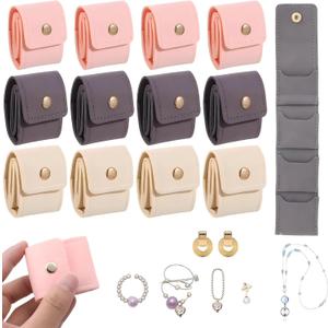 12 Pack Mini Jewelry Travel Pouch, Foldable Leather Jewelry Organizer Pouch Compact Case with Buckle Travel Accessories for Necklaces, Rings & Earrings (Beige, Pink, Gray)
