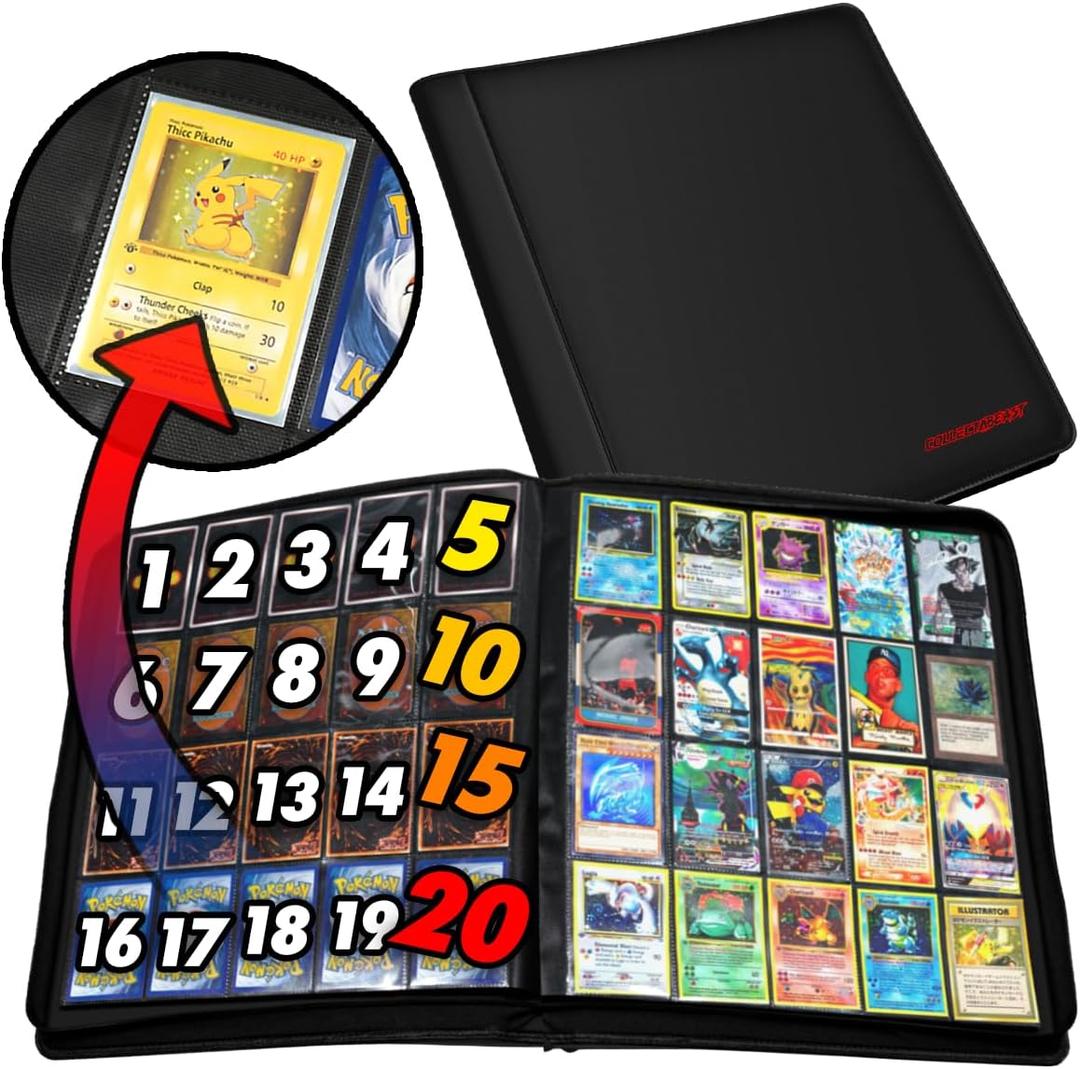 1280+ Cards 20 Pocket Card Binder Collector Card Album - Pages Compatible with Pokemon Cards, Sports Cards, Yugioh, MTG and Other TCG - Trading Card Sleeve with Side Loading Pockets (Black/Black) (Black/Black)
