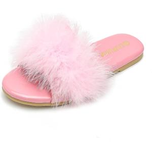 LIURUIJIA Women's Fluffy Feather Slippers Fur Slide Flat Sandals Cozy Slip On Stylish Summer Casual Party Indoor Outdoor Flats Shoes (10, Pink)