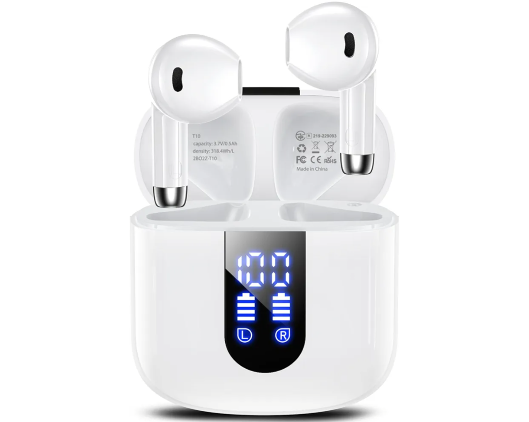 Wireless Earbuds, Bluetooth Headphones with Deep Bass Stereo, 48H Playback Ear Buds with LED Power Display, Lightweight, IPX7, in-Ear Earphones with Mic for iPhone/Android/iPad, White