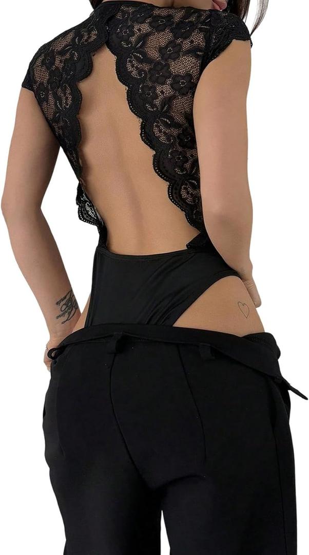 SweatyRocks Women's Sexy Floral Lace Trim Corset Bodysuit Backless Deep V Neck Bustier Tops Sheer Date Night Romper (Black, L)
