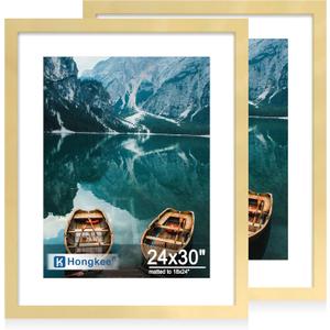 Hongkee 24x30 Frame Set of 2, Gold Wood Style - Display Posters 18 x 24 with Mat or 24x30 without Mat, Wall Mounting Horizontal and Vertical