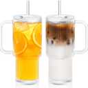 GOSCHE 26oz Glass Tumbler with Straws and Lids, Ribbed Iced Coffee Cups, Thickened Glass Cups Set Ideal for Coffee, Smoothies, Cocktails, and Juices, Clear, 2 Pack