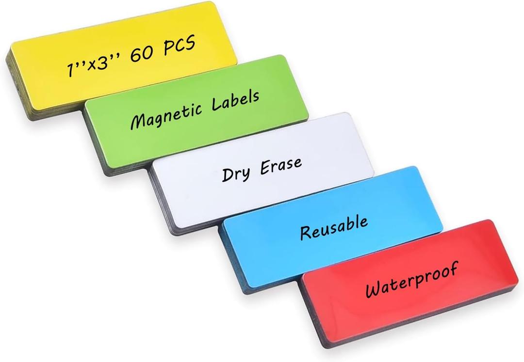 Realth Dry Erase Magnetic Labels Multicolor (1'' 3'' 60 Pcs),Blank Magnets for Whiteboard, Washable Reusable Magnetic Sheets for Classroom Fridge Office, Name Tags for Teachers Students