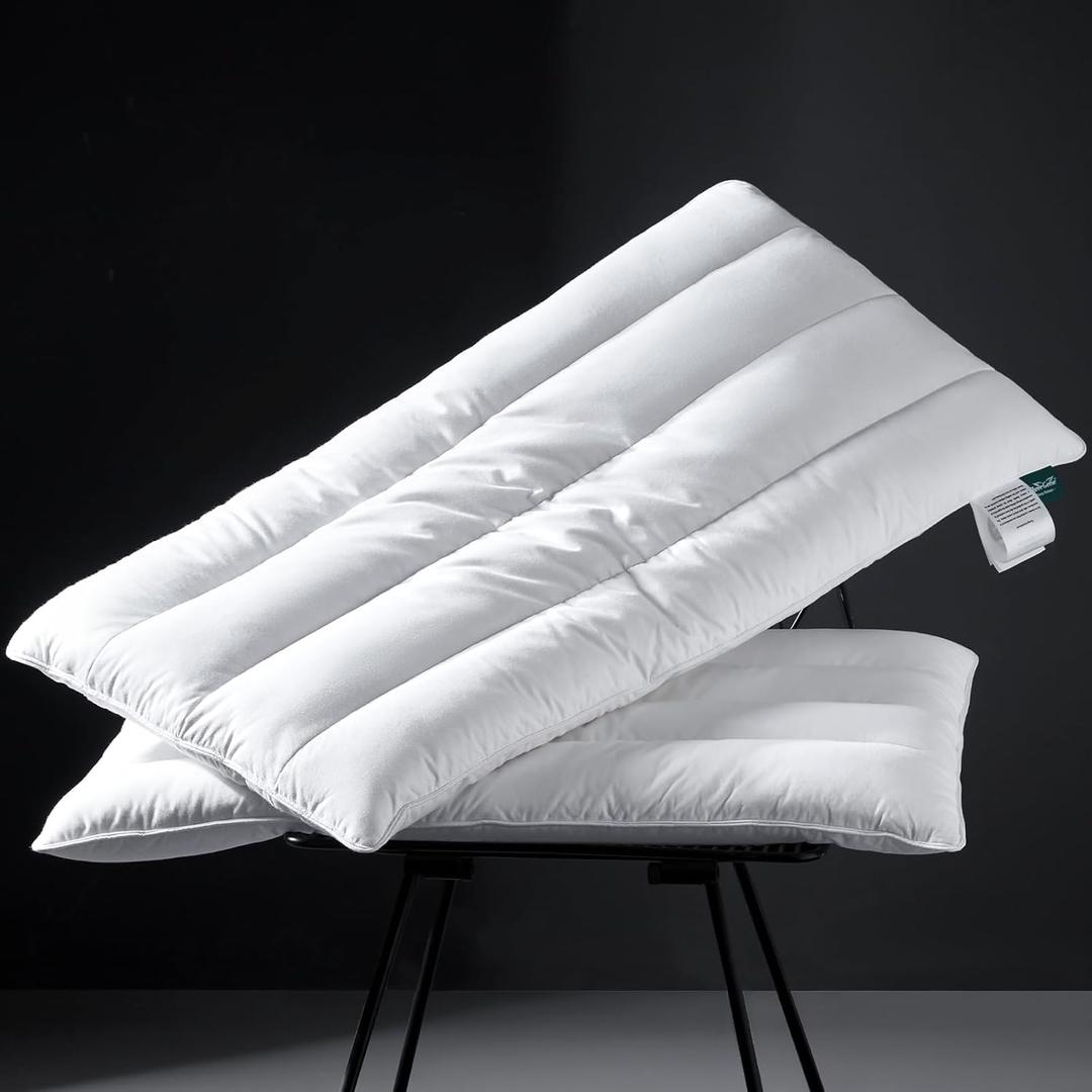 Three Geese Luxury Thin Flat Goose Feather Down Pillows Queen Size Set of 2, 3" Height, 100% Cotton Cover, Medium Firm Hotel Collection Ultra Slim Thin Bed Pillows, Machine Washable, 18 x 30 Inches (Solid White)