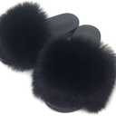 Women's Faux Fur Slides Slippers Fluffy Fuzzy Sandals Open Toe Furry Slide Flip Flop Indoor Outdoor, 7, Black