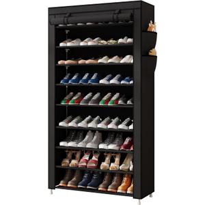 Laiensia 9-Tier Vertical Shoe Rack Organizer, Space Saving Shoe Storage Organizer, Non-Woven Cover Shoe Shelf Holds 36-45 Pairs for Bedroom, Hallway, Closet Entryway, Black