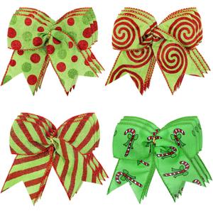 12 Pcs Red Green Christmas Bows,6 Inch Christmas Tree Decorations,4 Styles Green Bows for Xmas Tree Wreaths Decoration Enhancements