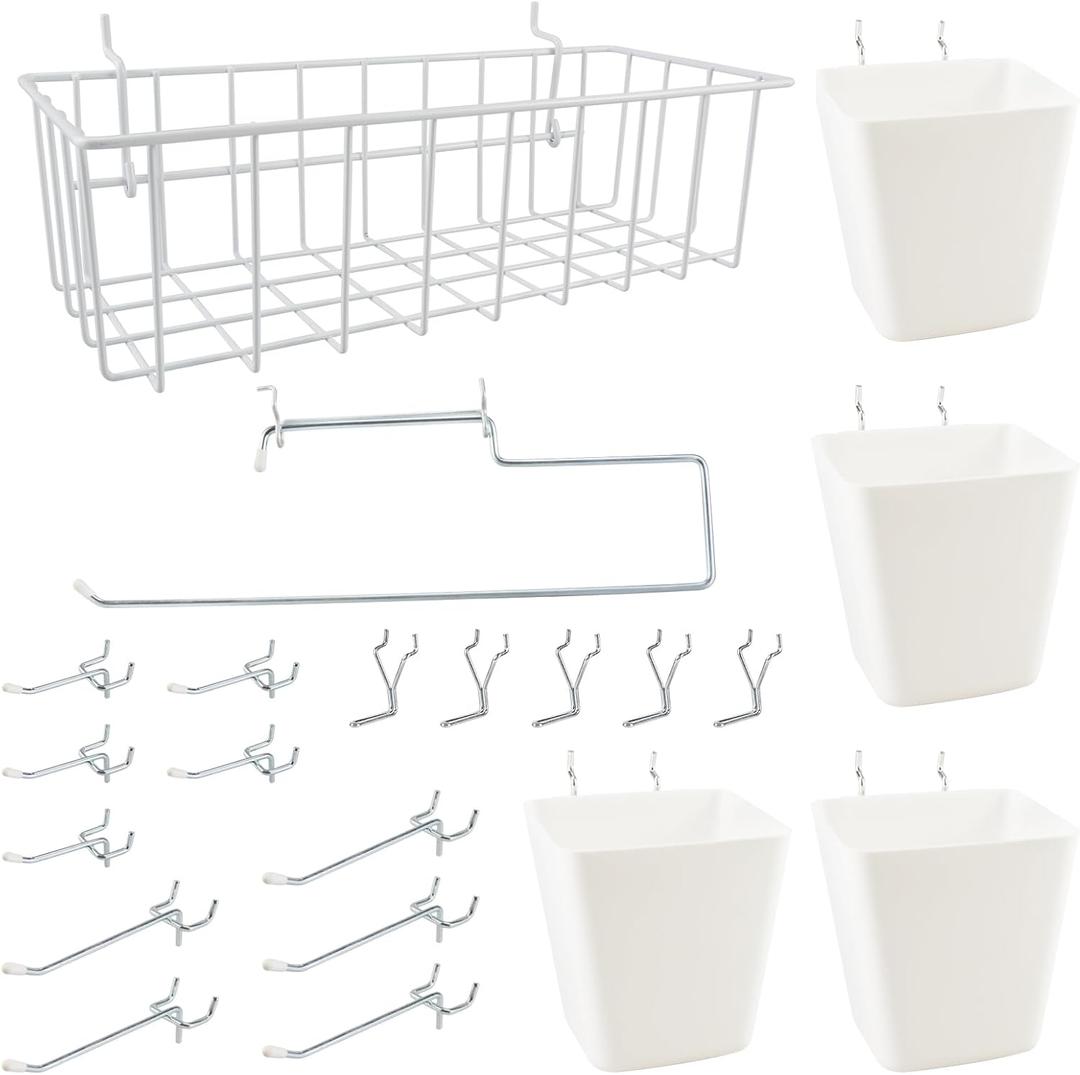 G.CORE Peg Board Organizer 21 Pack, Pegboard Accessories with Baskets Cups Hooks - 1/8" & 1/4" Peg Board Wall Tool Organizers, Utility Holders & Hangers for Garage Craft Workbench (White & White)
