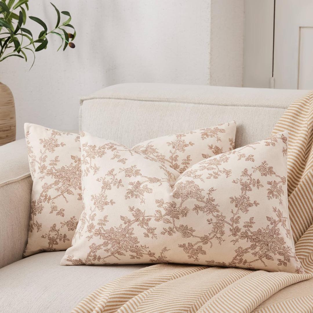 100% Cotton French Pastoral Lumbar Throw Pillow Covers Set of 2, 12x20 Inch Brown Farmhouse Decorative Cushion Covers for Sofa Bed Living Room Home Decor