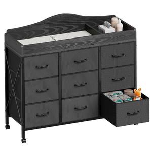YeTom Baby Changing Table with 9 Fabric Boxes, Waterproof Diaper Changing Station & Pad, Mobile Nursery Diaper Changing Table, Baby Furniture, Black