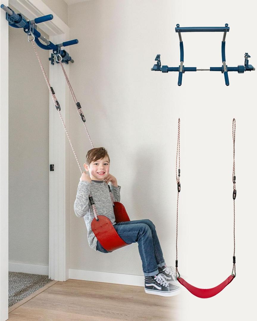 Gym1 Doorway Indoor Swing & Pull-Up Bar Set - Sensory Swing with Rope Ladder - Built-in Pull-Up Bar for Kids Workout Equipment - Easy No-Drill Mount for Indoor Playset - 2-Piece, Red/Blue
