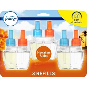 Febreze Plug In Air Freshener, Odor-Fighting Scented Oil Refill, Air Fresheners for Home and Bathroom and Kitchen, Long Lasting for Strong Odors, Hawaiian Aloha Scent, 0.87oz Refills, 3 Count