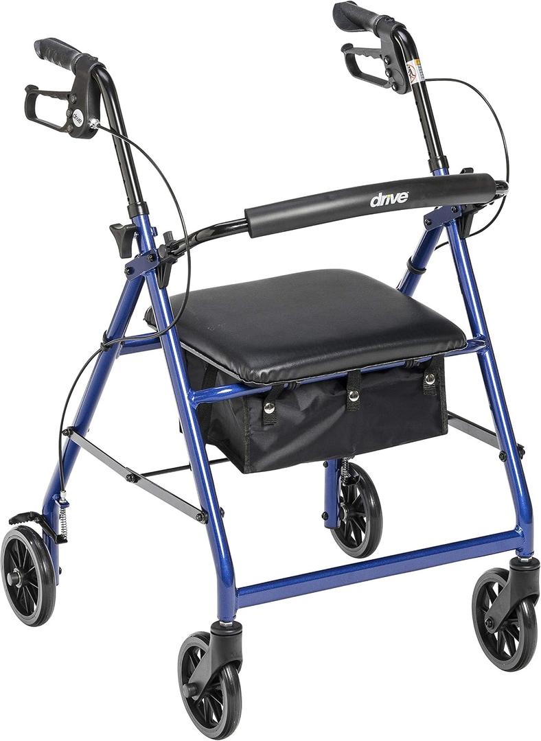 Drive Medical Aluminum Rollator Walker - Fold Up - Padded Seat - 6 Inch Wheels - Lightweight Portable Design - Indoor Outdoor Mobility Aid - Blue