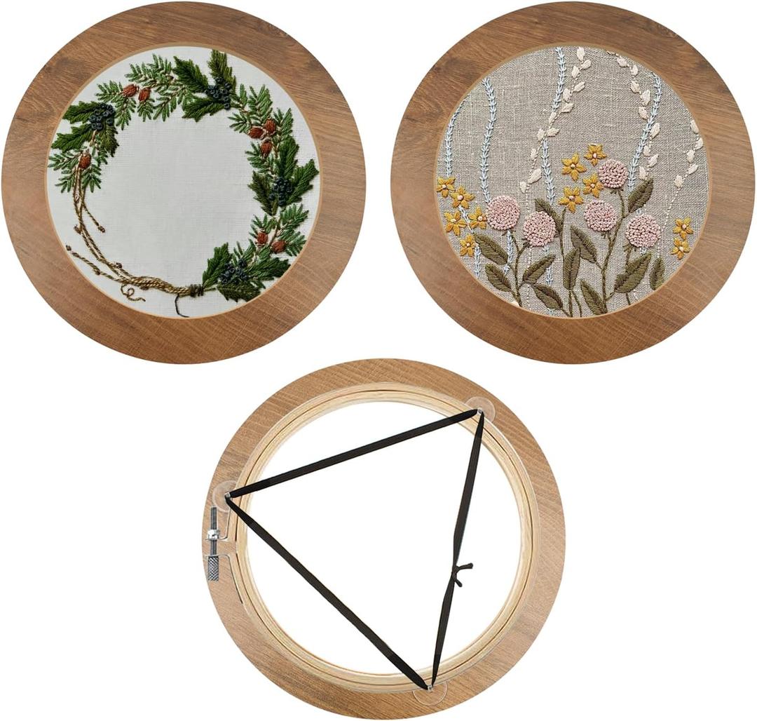 3 Sets Upgraded Wood Embroidery Frames with Bamboo Hoops, 8 Inch Round Embroidery Display Frame for Finished Cross Stitch and DIY Art Craft Sewing Ornaments (Easier to Install) (Brown)