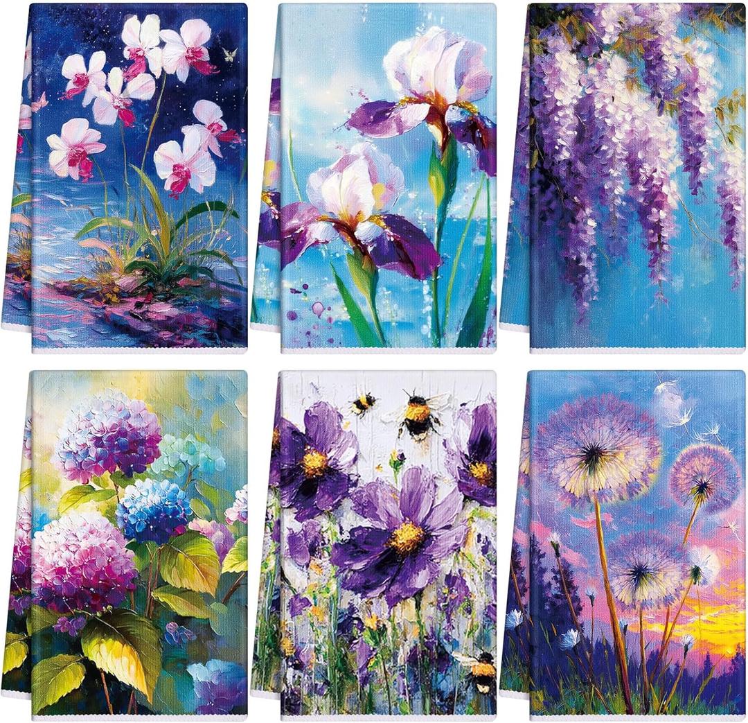 Geyoga 6 Pieces Purple Flowers Kitchen Towels Absorbent Dish Towels Decorative Tea Washcloth for Spring Summer Kitchen Bathroom Home Decor, 16 x 24 Inch (Purple, Blue)