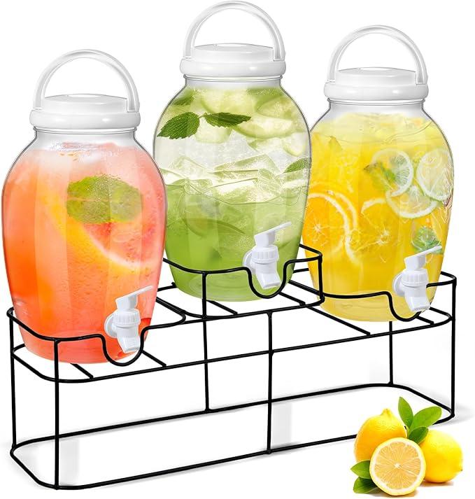 Tanlade 3 Pcs Plastic Drink Dispenser with Spigot and Metal Stand 1.2 Gallon Beverage Dispenser for Parties Juice Dispensers Lemonade Jar with Lids for Cold Drink Tea Water Container