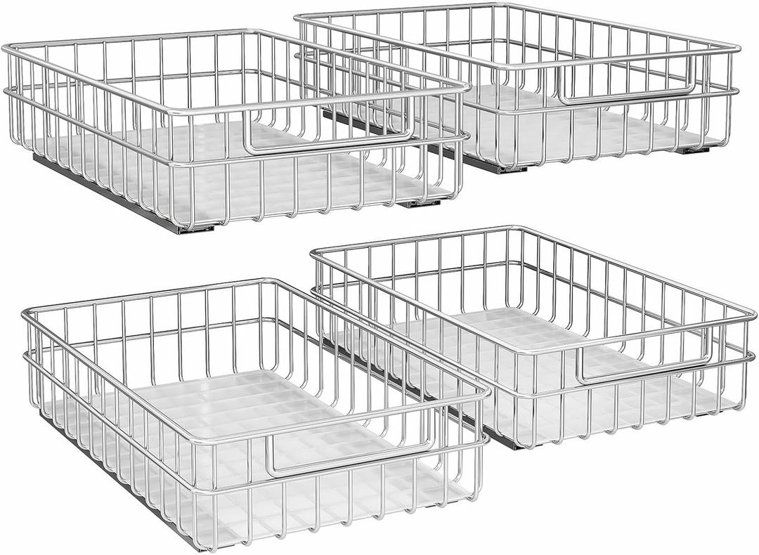 Pull out Cabinet Organizer, Stainless Steel 4-Pack (11.8"W x 21"D) Full-Extension Slide out Drawer, Adhesive Roll out Can Spice Storage Basket Shelf Rack for Pantry, Kitchen, Bathroom, Home Closet