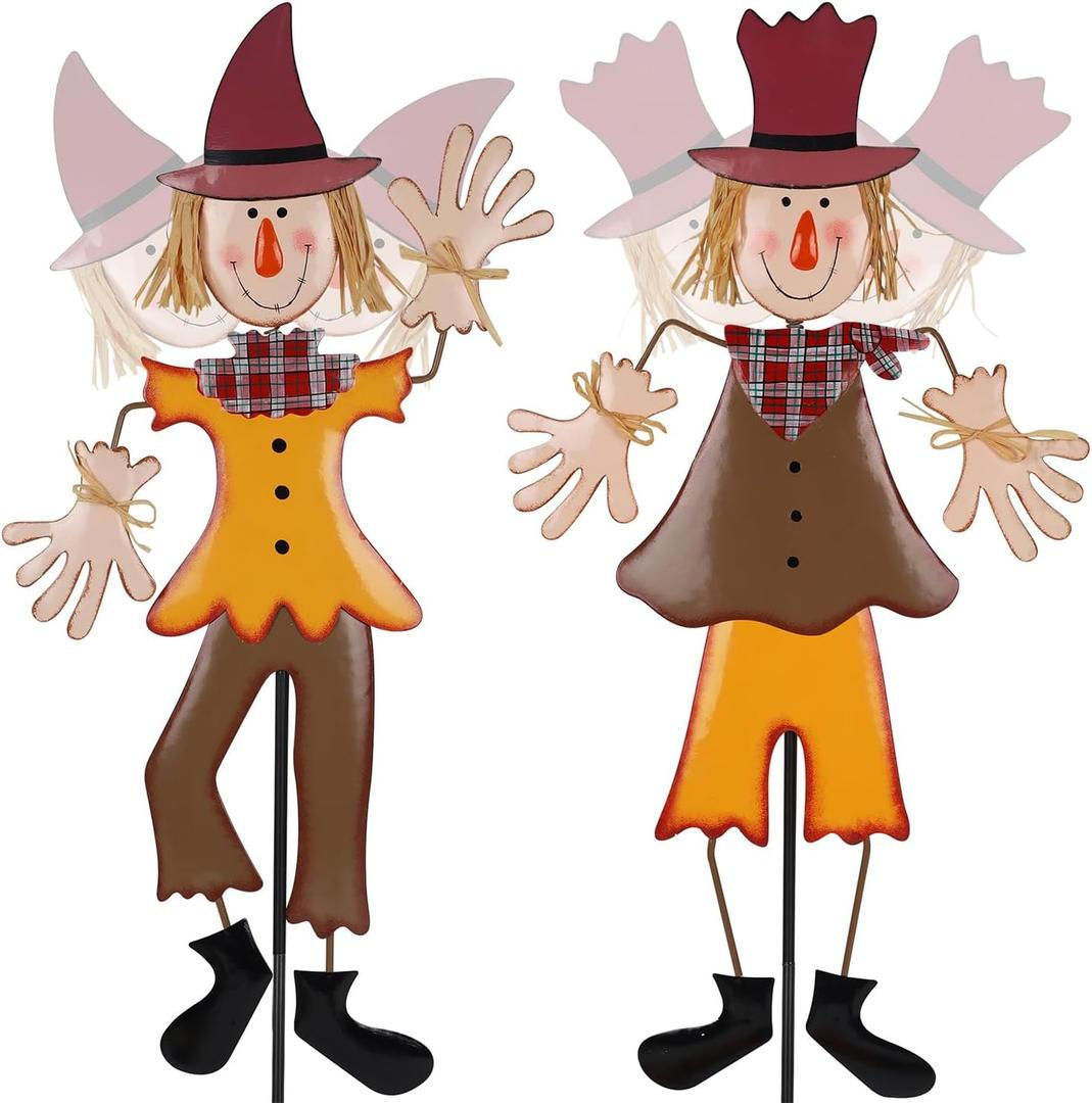 Juegoal Set of 2 Thanksgiving Fall Metal Scarecrow Garden Stakes, 35" Wagging Head Scarecrows Yard Signs Ornaments, Outdoor Fall Decorations for Autumn Harvest Season Patio Lawn Walkway