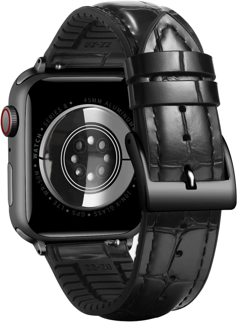 BINLUN Compatible with Apple Watch Bands 49mm 46mm 44mm 45mm 42mm 41mm 40mm 38mm Alligator Leather and Silicone Hybrid Replacement Strap for iWatch Ultra SE Series 11/10/9/8/7/6/5/4/3/2/1 (Black-Black Buckle)