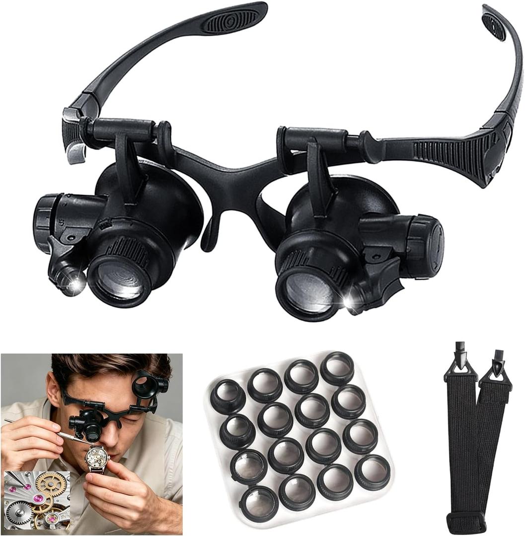 mlogiroa Head Mount Magnifying Glass with LED Light, Jewelers Loupe Magnifier with 8 Interchangeable Lens 2.5X/4X/6X/8X/10X/15X/ 20X/25X for Close Work/Electronics/Eyelash/Crafts/Jewelry/Repair