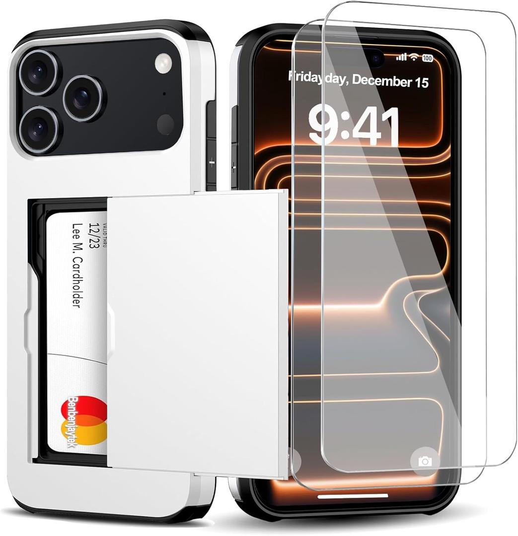for iPhone 17 Pro Wallet Case with Card Holder + 2 Tempered Glass Screen Protector Protective Shockproof Hidden Card Slot Slim Case Women Men for iPhone 17 Pro 6.3White