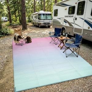 Lahome Reversible Rv Rugs for Outside Camping, 8x10 Waterproof Pool | Portable Beach Area Rugs Lightweight Plastic Straw Carpet for Porch Backyard Garden, Pink Blue 8'x10'