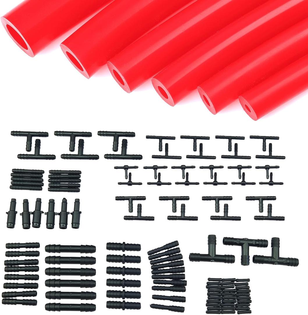 Ucreative Silicone Vacuum Hose Kit 6PCS 5FT Tubing (1/8" to 3/8") + 113PCS Nylon Connectors High Performance Automotive Replacement (Red)
