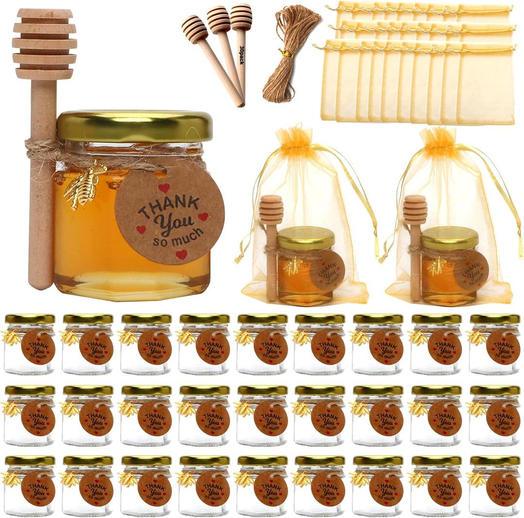 30 PACK 1.5 oz Mini Glass Honey Jar, Small Hexagonal Honey Jars with Wooden Dipper Gold Lid Bee Charms Gold Gift Bags and Rope for Baby Shower Wedding Party Favors