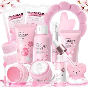 Sakura Skin Care Set for Teens and Women, 15Pcs Skincare Gift Set with Cleanser, Toner, Serum, Face Cream, Eye Cream, Gua Sha Tool, Lip Mask, Peel-Off Mask, Mud Masks, Face Brush and Cosmetic Bag
