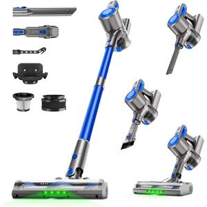 Cordless Vacuum Cleaner for Home, Powerful Stick Vacuum with Rechargeable Battery, Green Light Anti-Tangle Brush, 6-in-1 Lightweight Vacuum for Pet Hair, Carpet, Blue