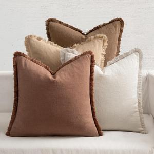 MIULEE Decorative Couch Pillow Covers Neutral Linen Fringe Throw Pillows Set of 4 Accent Rustic Cushions Boho Farmhouse Pillowcases for Bed Sofa Living Room Home Decor 18x18 Inch Beige/Brown