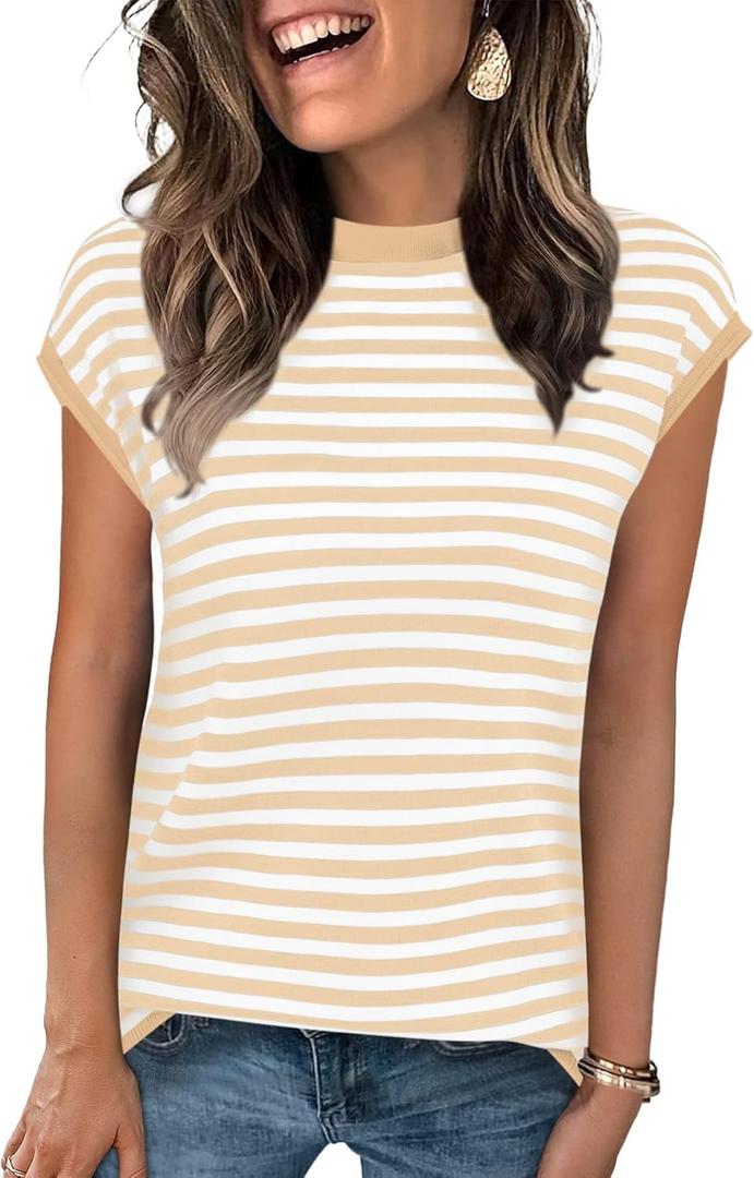 Cap Sleeve Tops for Women Summer Striped Short Sleeve Sweater Top Crew Neck Sleeveless Vest Spring Going Out Shirts (S)