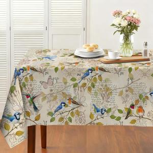 Vintage Rustic Birds Tablecloth, Washable Hummingbird Rectangle Table Cover, Spring Summer Floral Tablecloth for Party Picnic Wedding Outdoor Dining Decor 54x72 Inch
