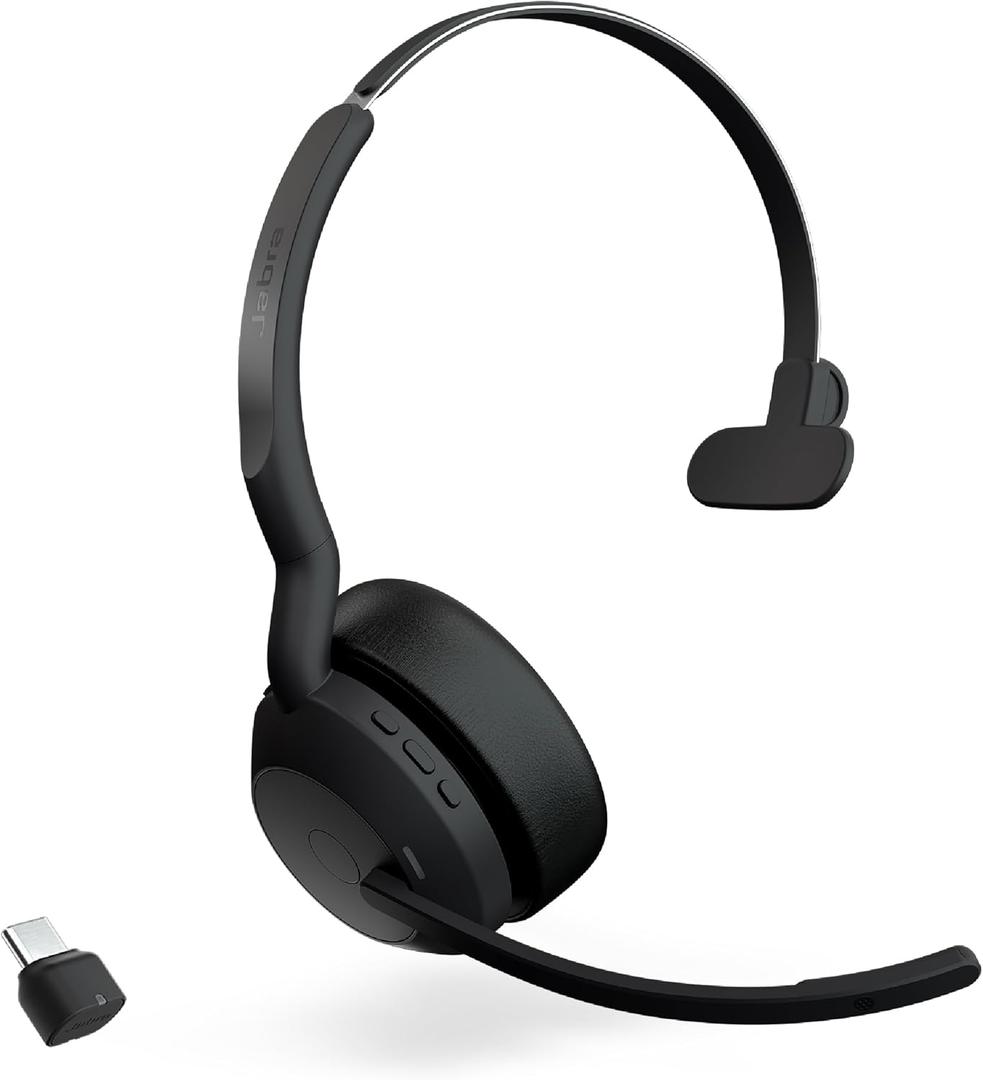 Jabra Evolve2 55 Mono Wireless Headset - Features AirComfort Technology, Noise-Cancelling Mics & Active Noise Cancellation - Works with UC Platforms Such as Zoom & Google Meet - Black (Single-ear, USB-C Dongle)