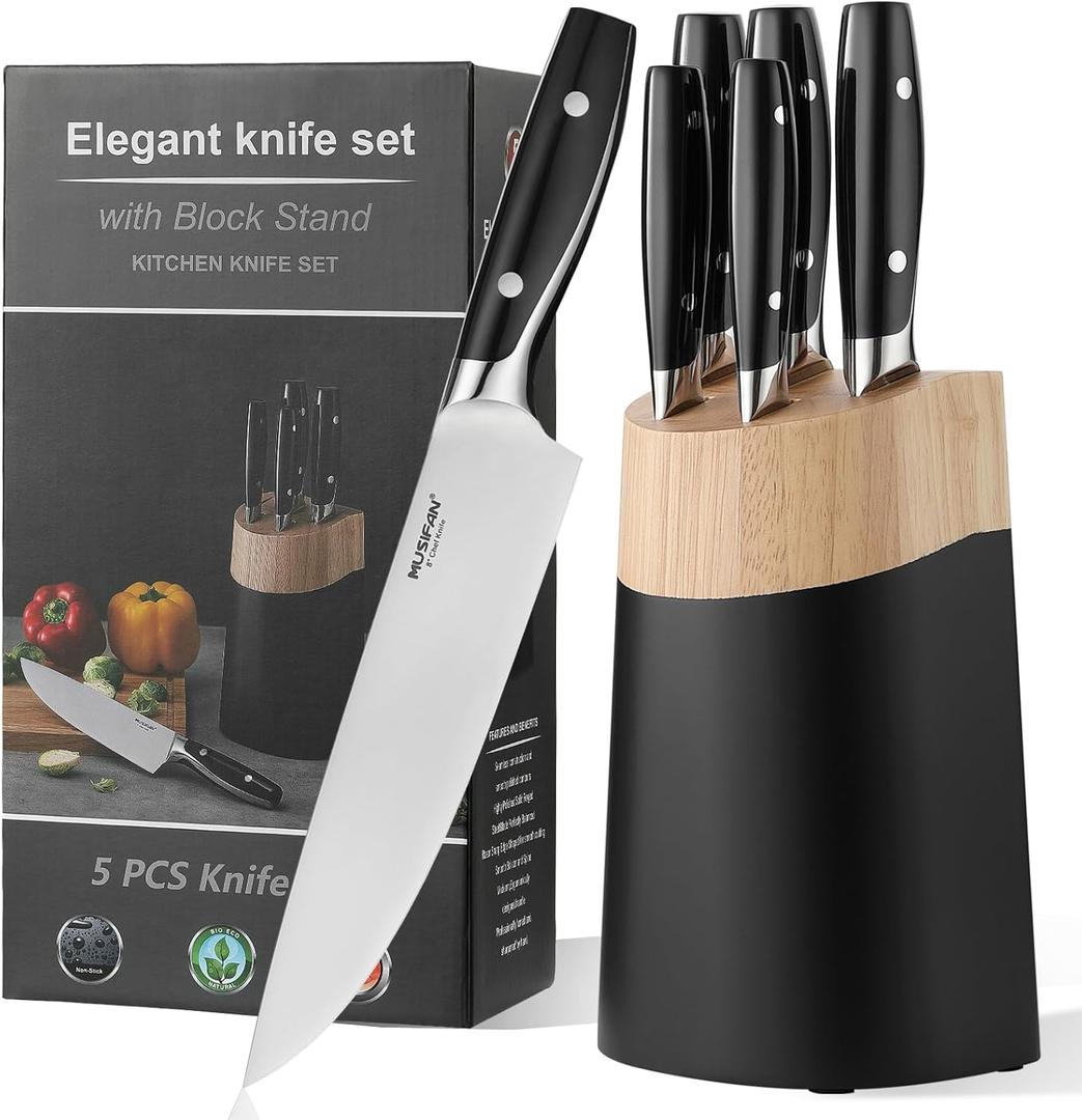 6-Piece Knife Block Sets Stainless Steel Kitchen Knife Set with Block High Carbon Black Knives, Dishwasher Safe Holiday Gift