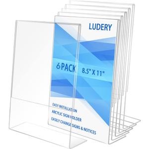 8.5 X 11 Acrylic Sign Holder Slant Back Design Plastic Display Stand Clear Table Single Sheet Portrait Ad Frames Paper Holder for Home, Office, Store, Restaraunt - 6 Pack 