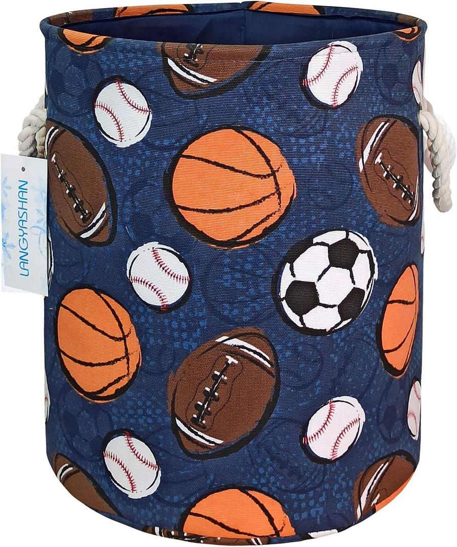 LANGYASHAN Laundry Basket Canvas Collapsible Organizer Storage Basket for Boys Girls Laundry Hamper Toy Bins Gift Baskets Bedroom Clothes Children Nursery (Navy Ball Game)