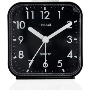 Small Battery Operated Analog Travel Alarm Clock Silent Non Ticking, Gentle Wake, Ascending Beep Sounds, Snooze,Lighted on Demand, Easy Set, Black